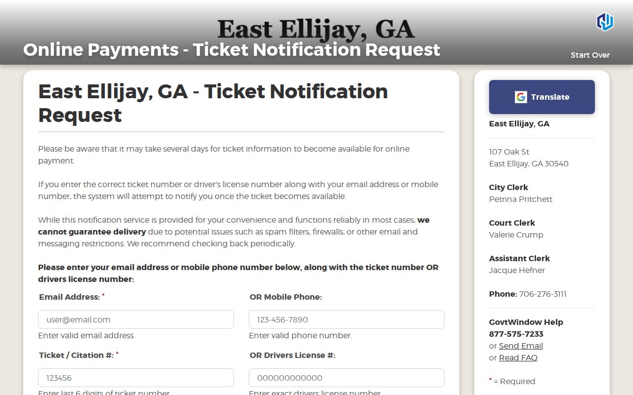 East Ellijay warrant records citation notification fields